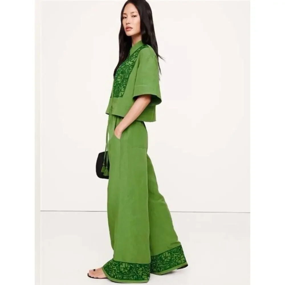 Banana Republic Green High Rise Wide Leg Embroidered Linen Pants, Women's M NWT